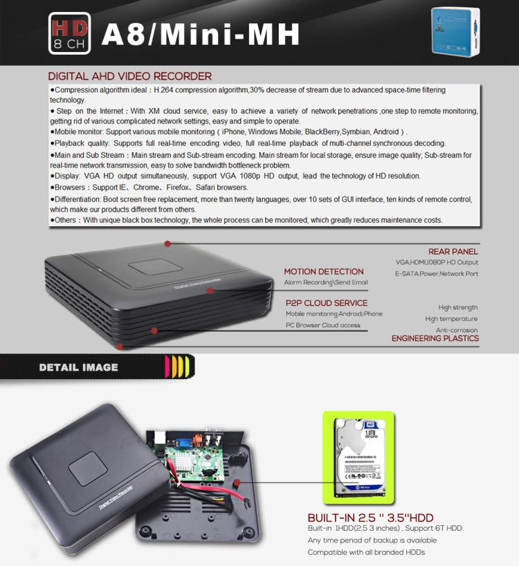 A8/Mini-MH 5 in 1 8-Channel Dual Stream H.264 1080P Mini AHD DVR, Support AHD / TVI / CVI / CVBS / IP Signal, A8/Mini-MH A8/Mini-MH 5 in 1 8-Channel Dual Stream H.264 1080P Mini AHD DVR, Support AHD / TVI / CVI / CVBS / IP Signal, A8/Mini-MH